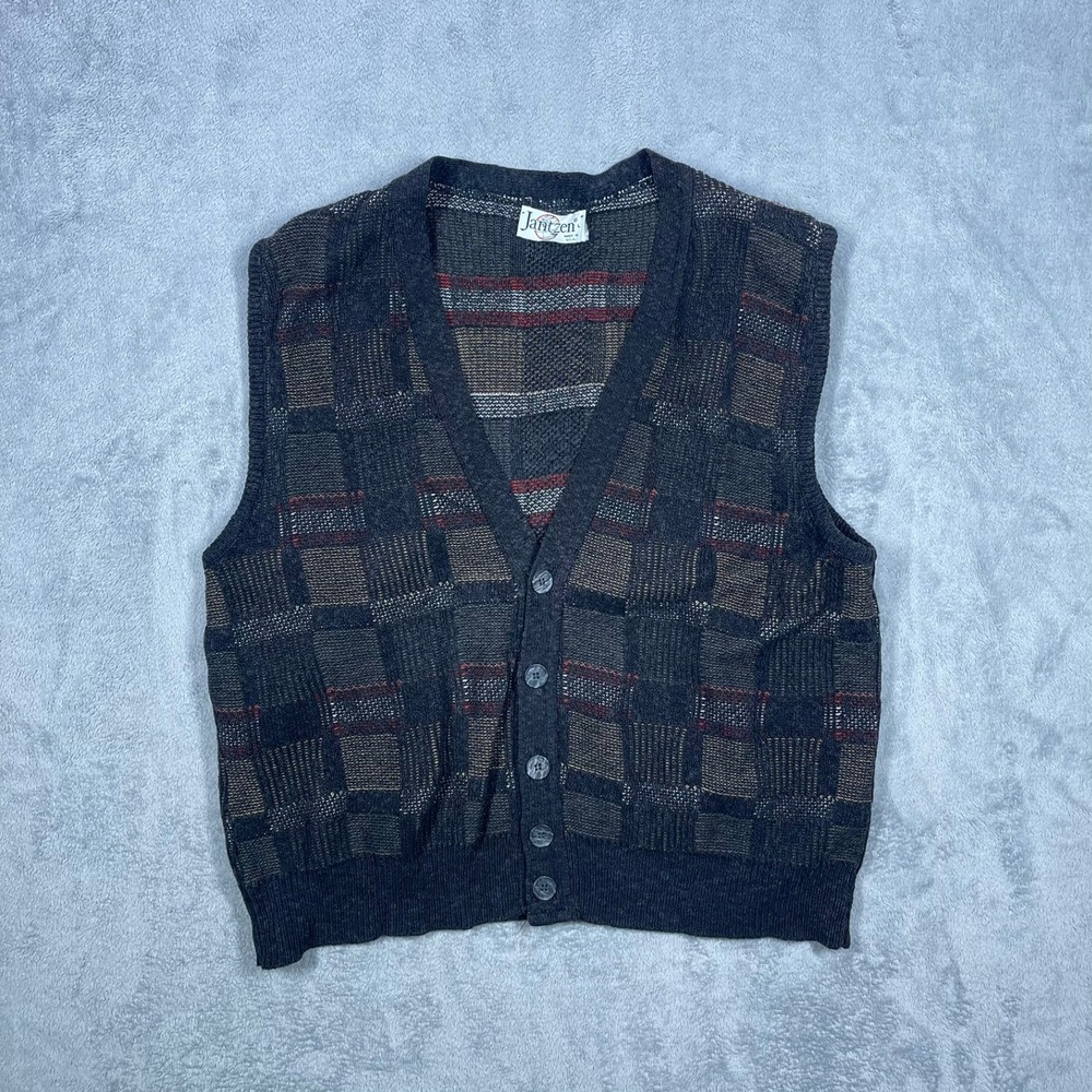 Vintage Jantzen Sweater Vest Mens L Made USA Button Front Grandpa Plaid READ